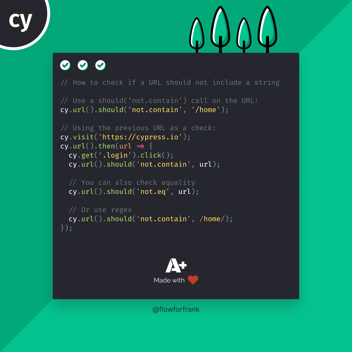 How to Test that URL Should Not Include a String in Cypress
